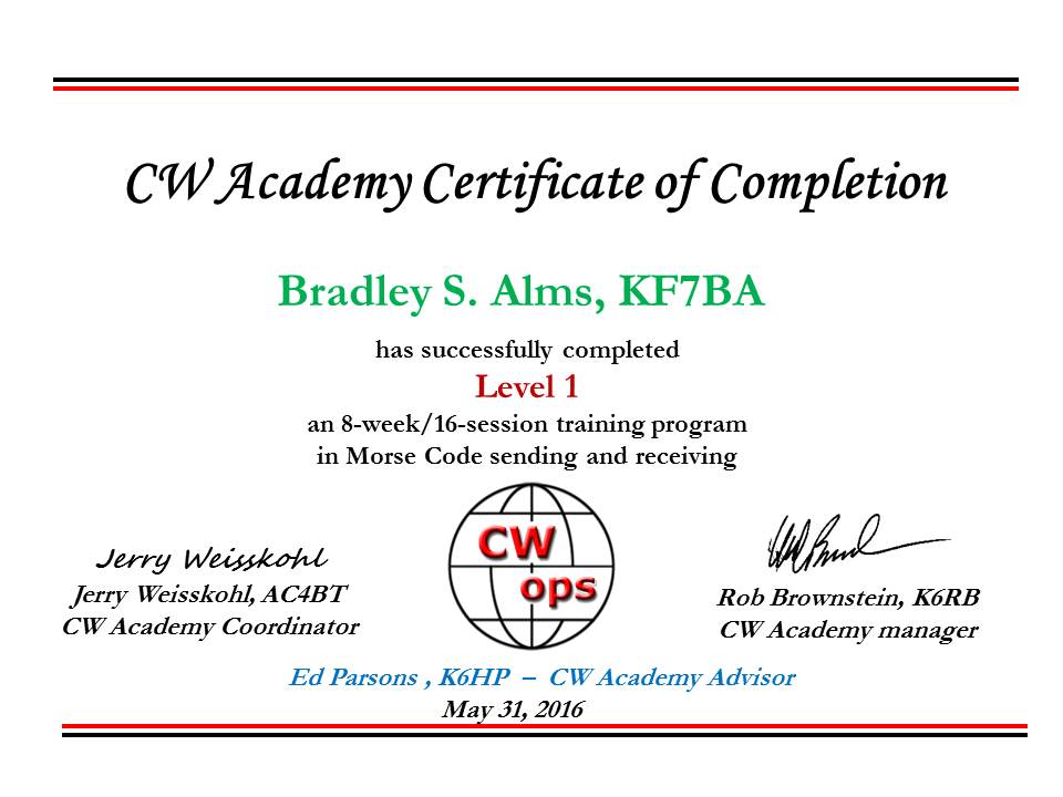 CW Academy certificate ver2_KF7BA_Level 1